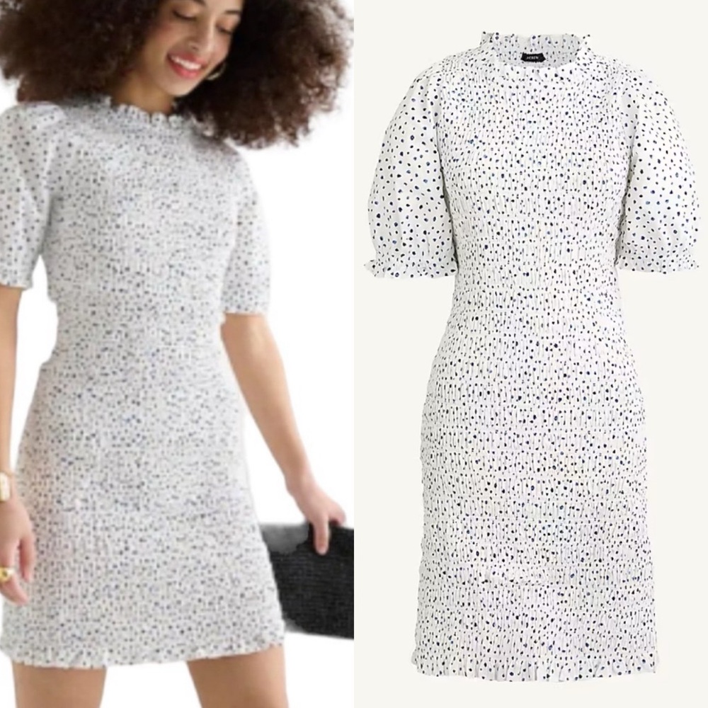 JCrew Smocked Blue and White Polkadot dress with small puff sleeves and ruffle S